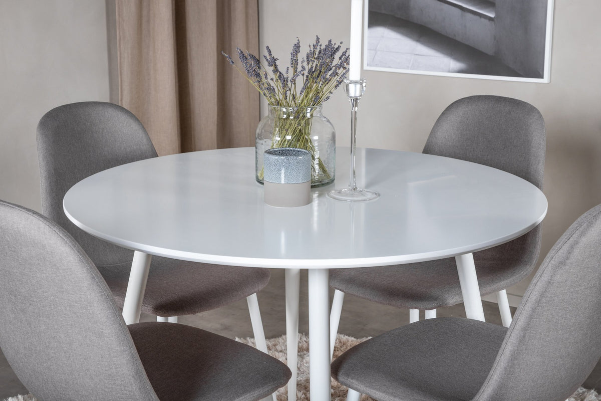 Esszimmerset Plaza mit Tisch aus MDF und Stahlgestell sowie vier Stühlen Polar in Weiss/Grau/Weiss, Ansicht des kompletten Sets.