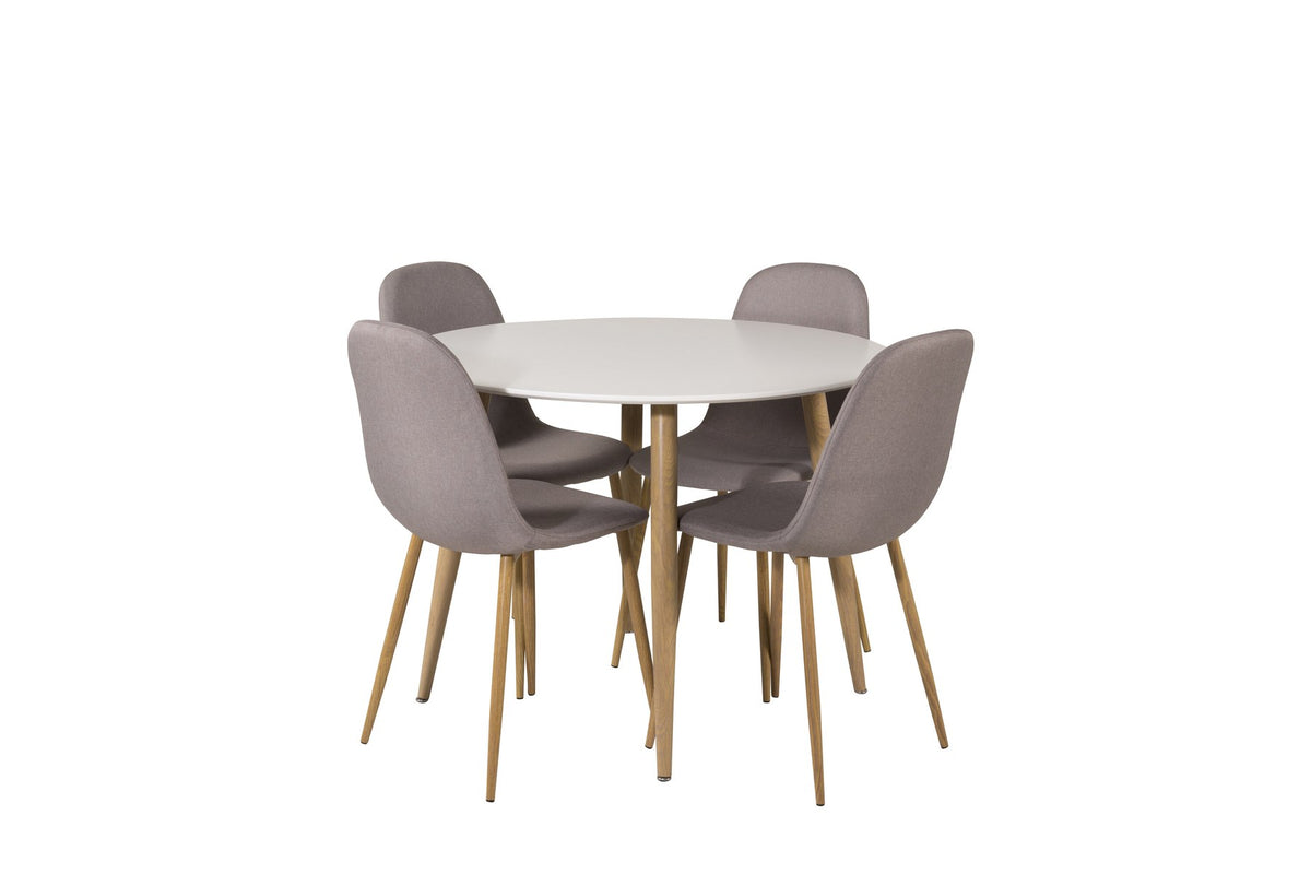 Esszimmerset Plaza mit Tisch aus MDF und Stahlgestell sowie vier Stühlen Polar in Weiss/Grau/Weiss, Ansicht des kompletten Sets.