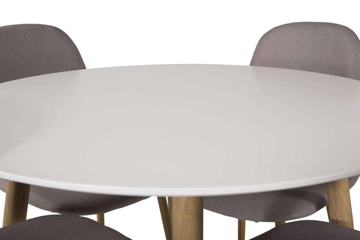 Esszimmerset Plaza mit Tisch aus MDF und Stahlgestell sowie vier Stühlen Polar in Weiss/Grau/Weiss, Ansicht des kompletten Sets.