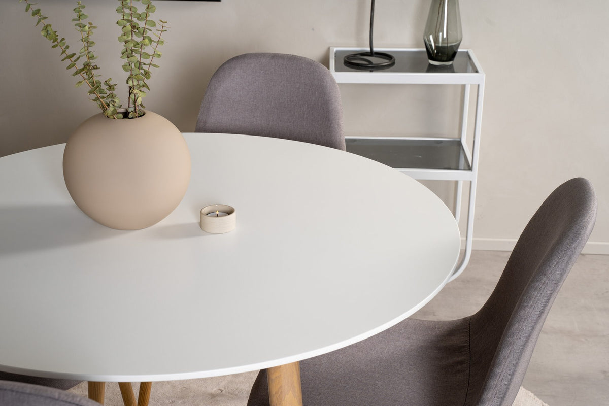 Esszimmerset Plaza mit Tisch aus MDF und Stahlgestell sowie vier Stühlen Polar in Weiss/Grau/Weiss, Ansicht des kompletten Sets.