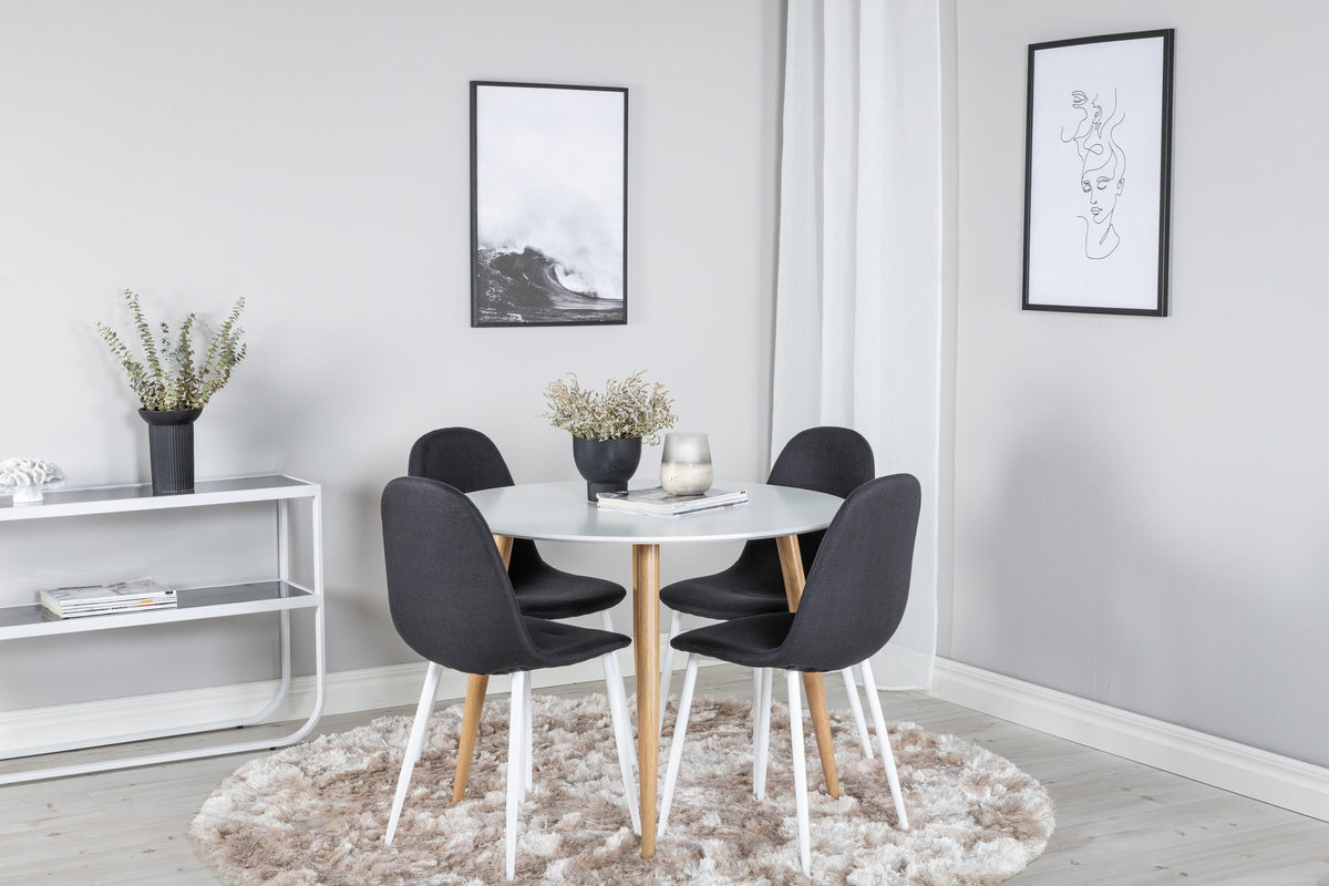 Esszimmerset Plaza mit Tisch aus MDF und Stahlgestell sowie vier Stühlen Polar in Weiss/Grau/Weiss, Ansicht des kompletten Sets.