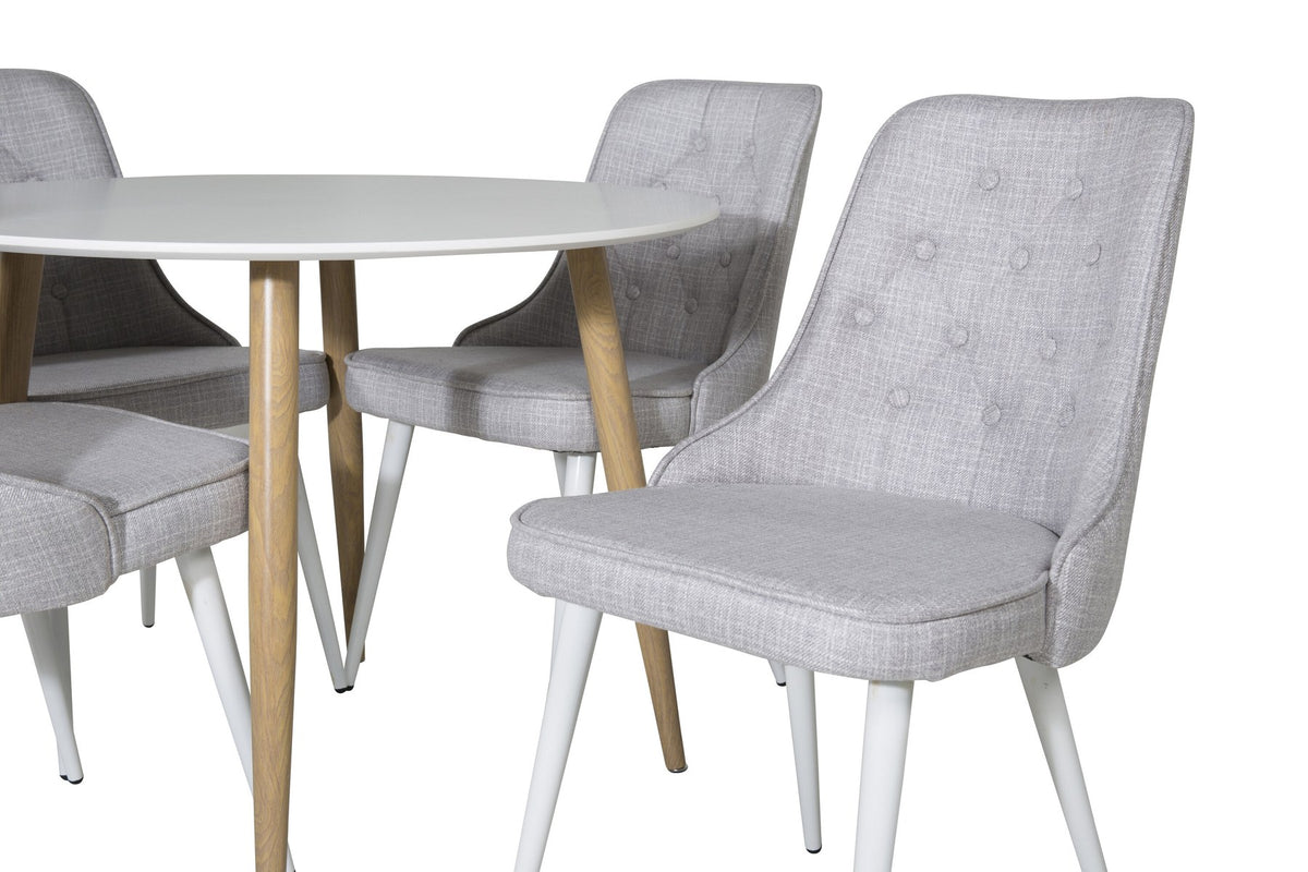 Esszimmer Set Plaza von Venture Home: Esstisch mit MDF-Platte und Stahlgestell in Grau schwarz, dazu vier gepolsterte Velvet Deluxe Stühle.