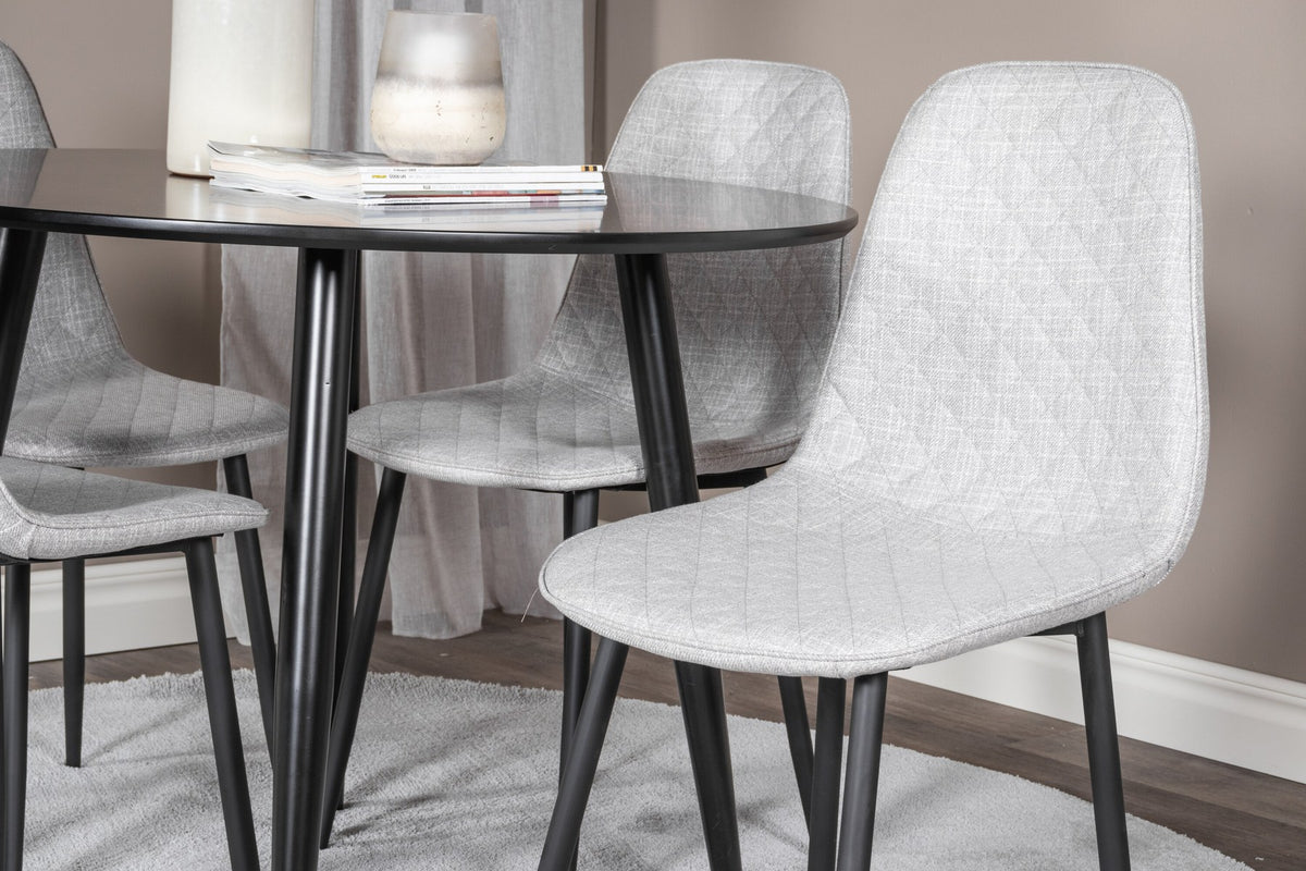 Esszimmerset Plaza mit Tisch aus MDF und Stahlgestell sowie vier Stühlen Polar in Weiss/Grau/Weiss, Ansicht des kompletten Sets.