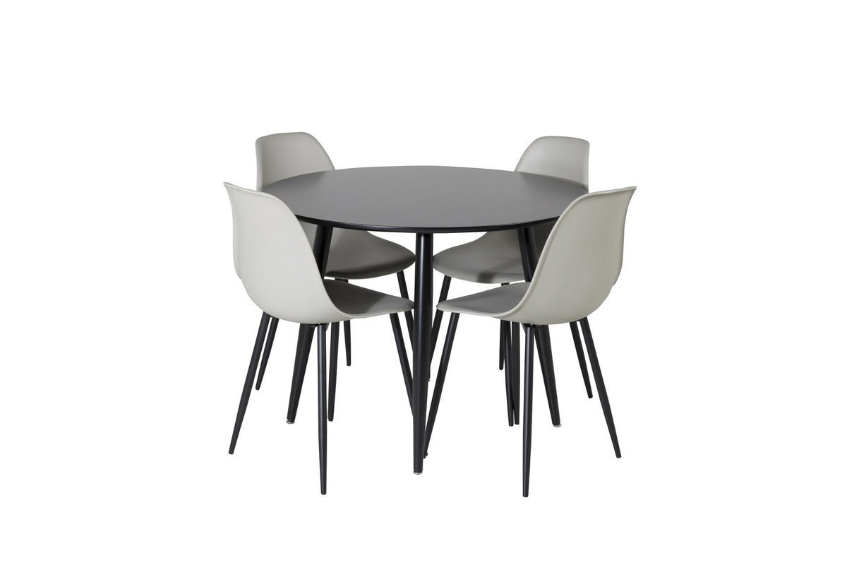 Esszimmerset Plaza mit Tisch aus MDF und Stahlgestell sowie vier Stühlen Polar in Weiss/Grau/Weiss, Ansicht des kompletten Sets.
