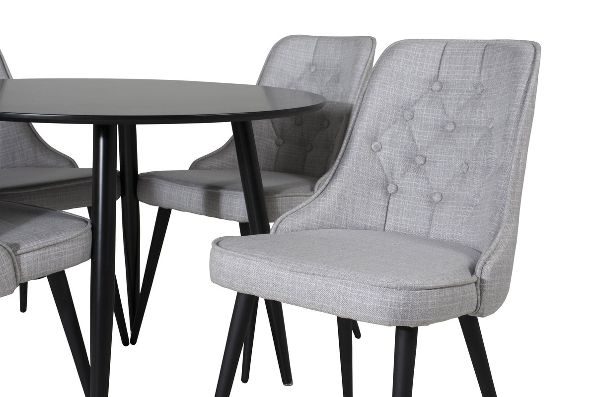 Esszimmer Set Plaza von Venture Home: Esstisch mit MDF-Platte und Stahlgestell in Grau schwarz, dazu vier gepolsterte Velvet Deluxe Stühle.