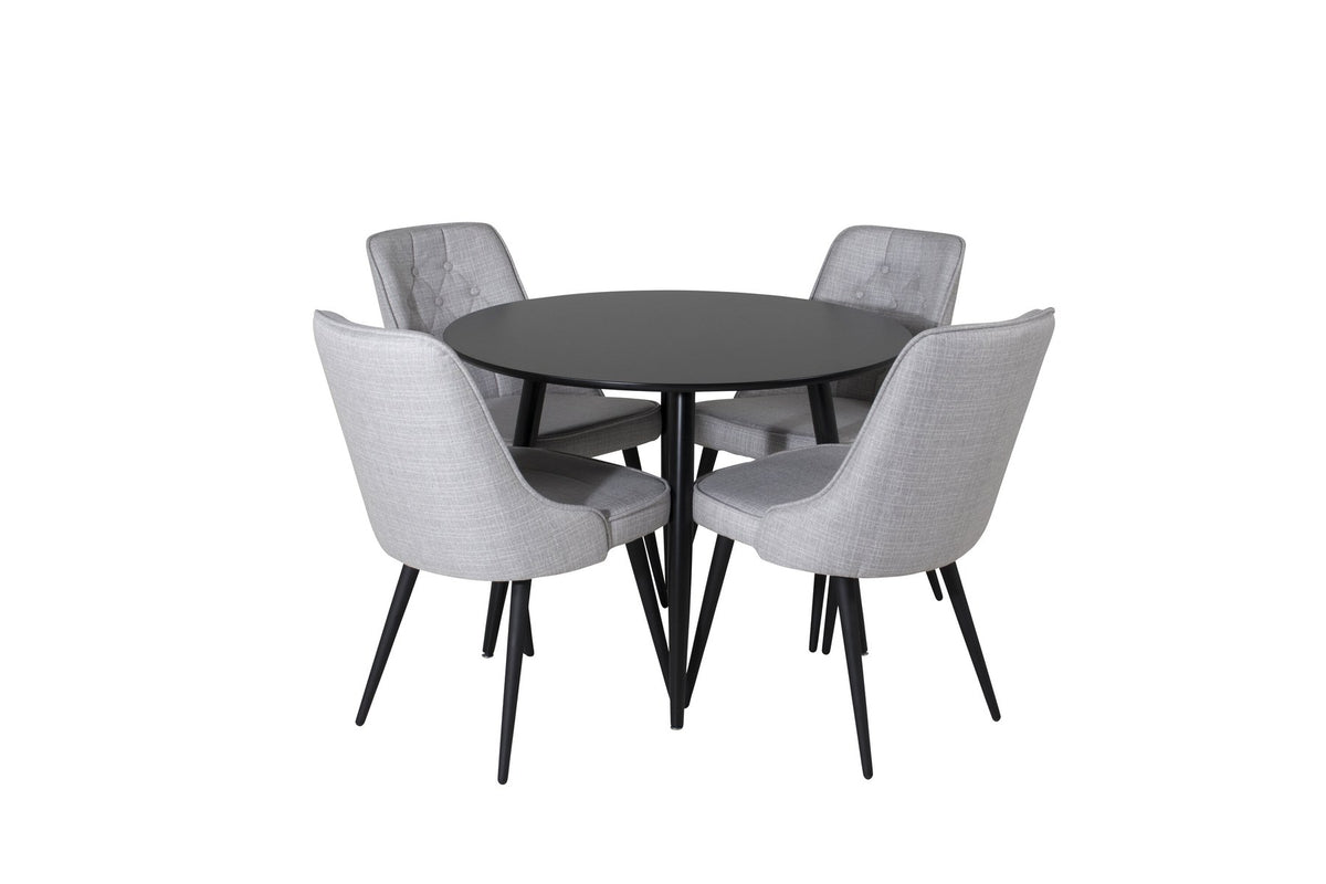 Esszimmer Set Plaza von Venture Home: Esstisch mit MDF-Platte und Stahlgestell in Grau schwarz, dazu vier gepolsterte Velvet Deluxe Stühle.
