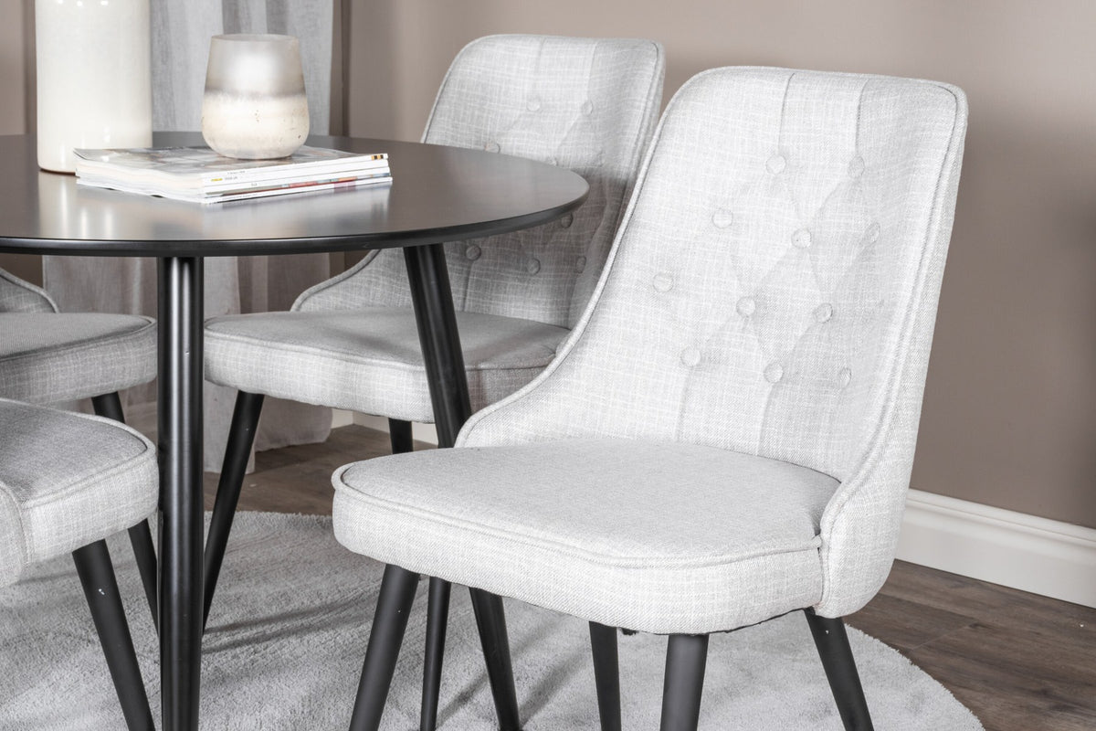 Esszimmer Set Plaza von Venture Home: Esstisch mit MDF-Platte und Stahlgestell in Grau schwarz, dazu vier gepolsterte Velvet Deluxe Stühle.