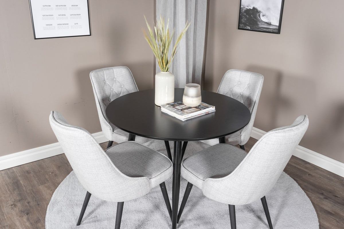Esszimmer Set Plaza von Venture Home: Esstisch mit MDF-Platte und Stahlgestell in Grau schwarz, dazu vier gepolsterte Velvet Deluxe Stühle.