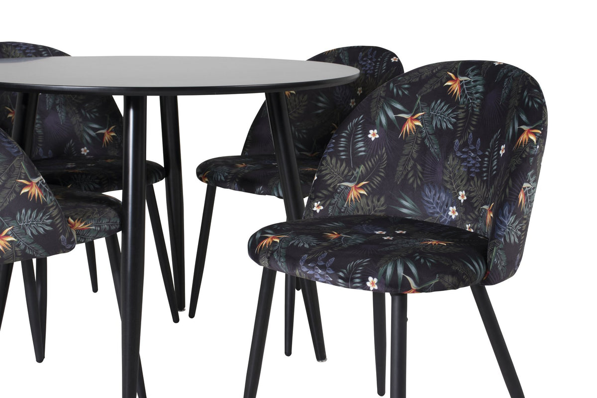 Esszimmer Set Plaza mit Stuhl Velvet von Venture Home: Esstisch aus MDF mit Stahlgestell in Schwarz, dazu vier gepolsterte Stühle.