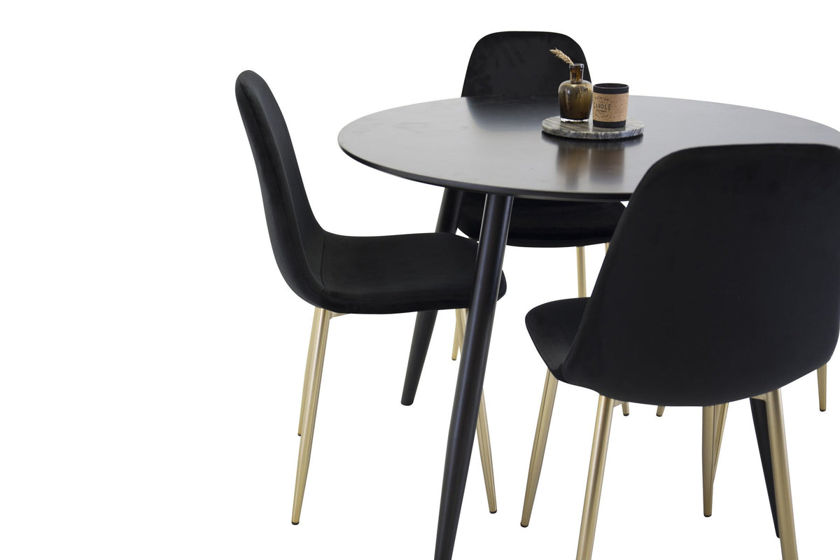 Esszimmerset Plaza mit Tisch aus MDF und Stahlgestell sowie vier Stühlen Polar in Weiss/Grau/Weiss, Ansicht des kompletten Sets.