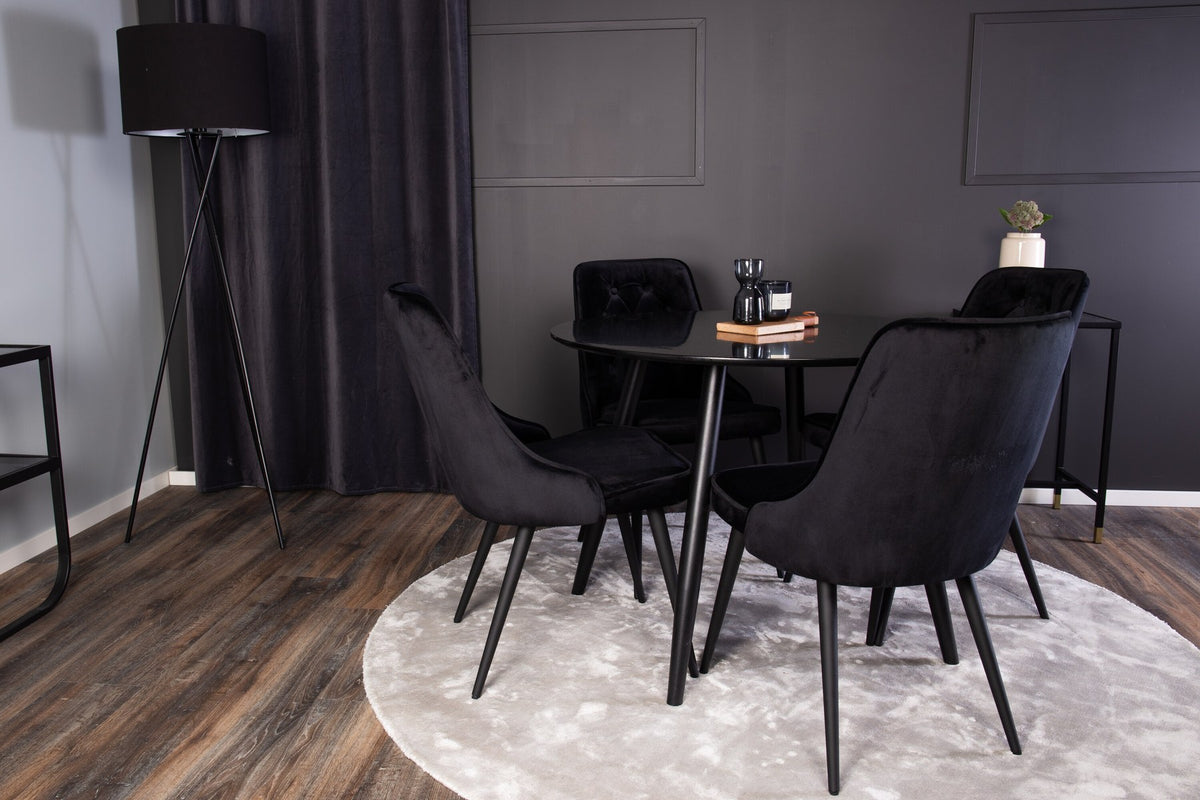 Esszimmer Set Plaza von Venture Home: Esstisch mit MDF-Platte und Stahlgestell in Grau schwarz, dazu vier gepolsterte Velvet Deluxe Stühle.