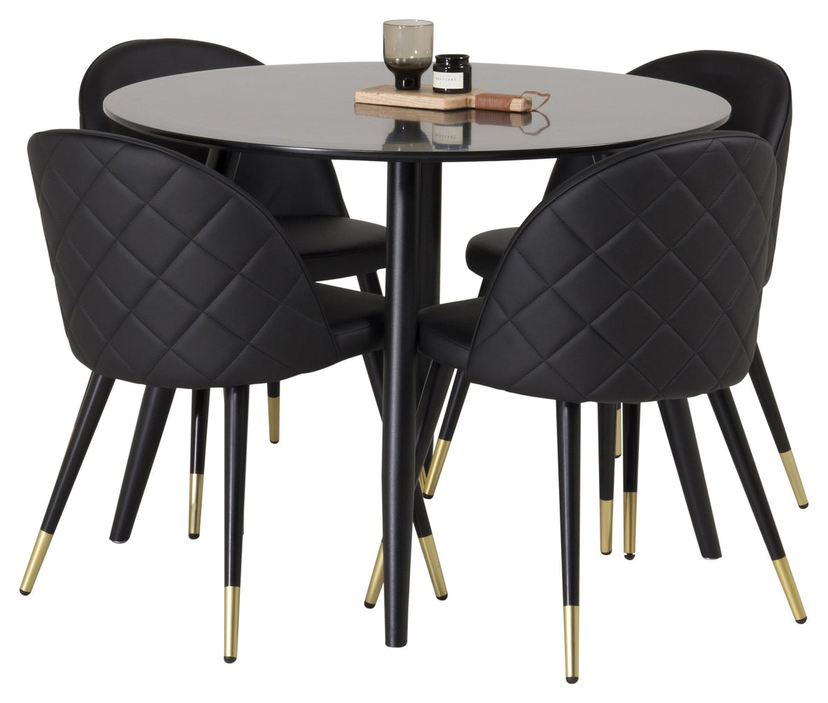 Esszimmer Set Plaza mit Stuhl Velvet von Venture Home: Esstisch aus MDF mit Stahlgestell in Schwarz, dazu vier gepolsterte Stühle.