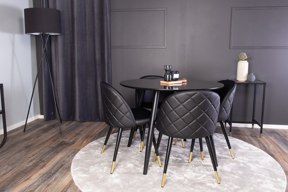 Esszimmer Set Plaza mit Stuhl Velvet von Venture Home: Esstisch aus MDF mit Stahlgestell in Schwarz, dazu vier gepolsterte Stühle.