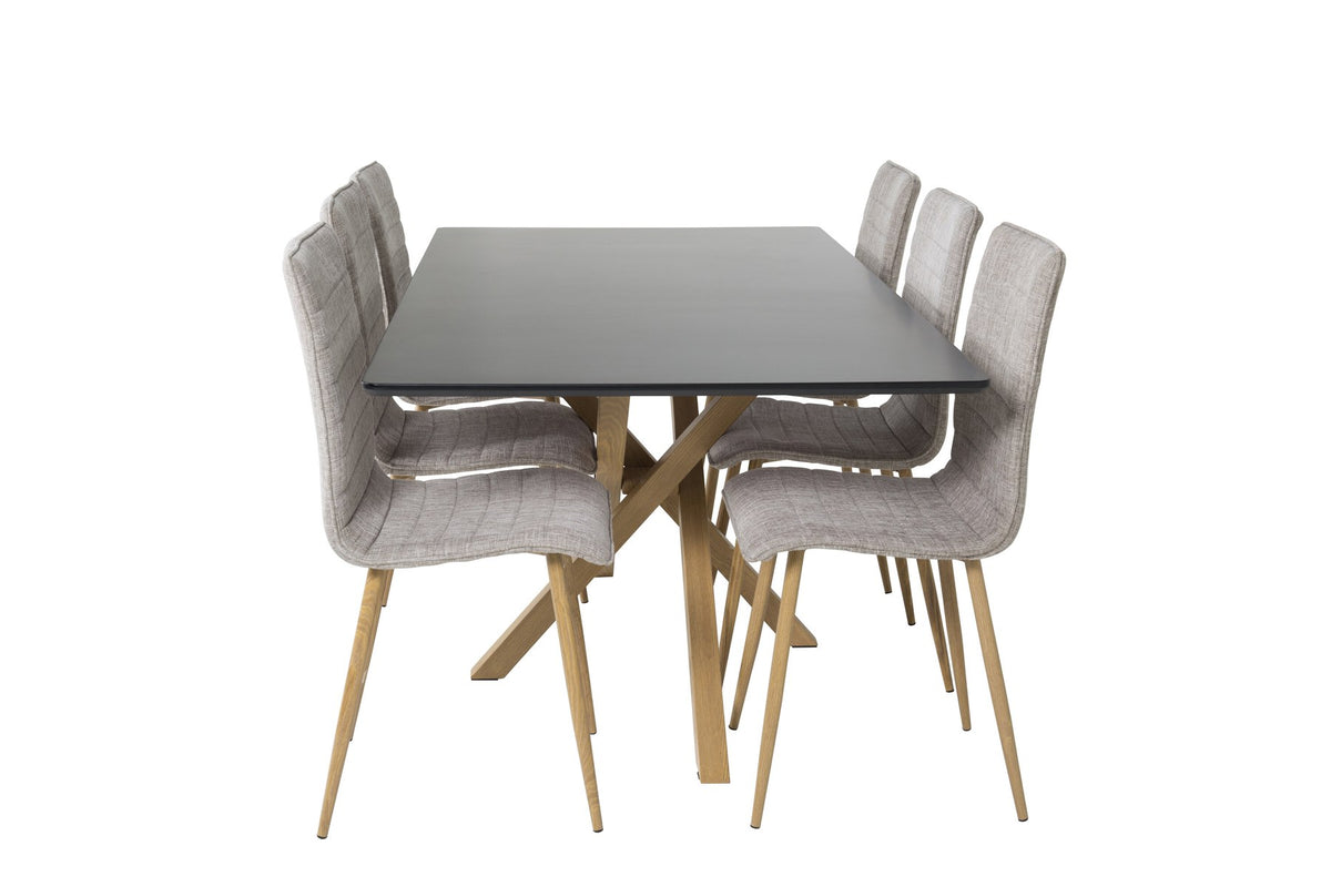 Esstisch Piazza mit schwarzer MDF-Tischplatte und Stahlgestell, kombiniert mit Windu-Stühlen aus Sperrholz und Polyester-Leinen in Hellgrau/Natur.