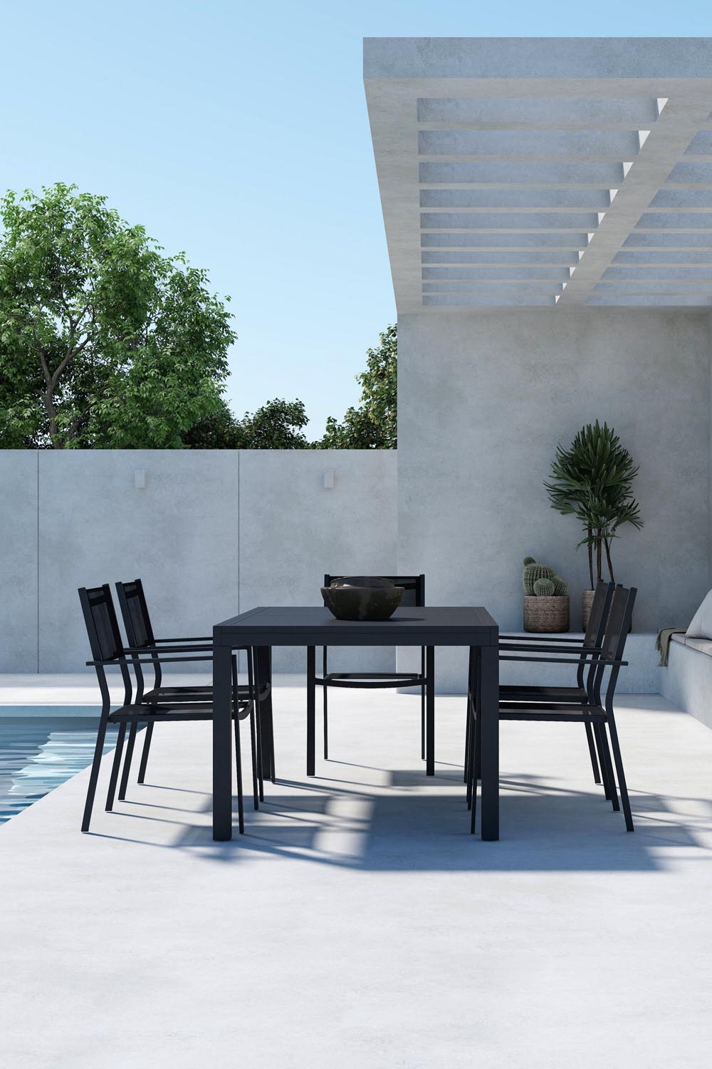 Schwarzes Gartentischset Capo mit Esszimmerstühlen Copacabana aus Aluminium, Sitzfläche aus Textilene, moderner Essbereich im Freien.