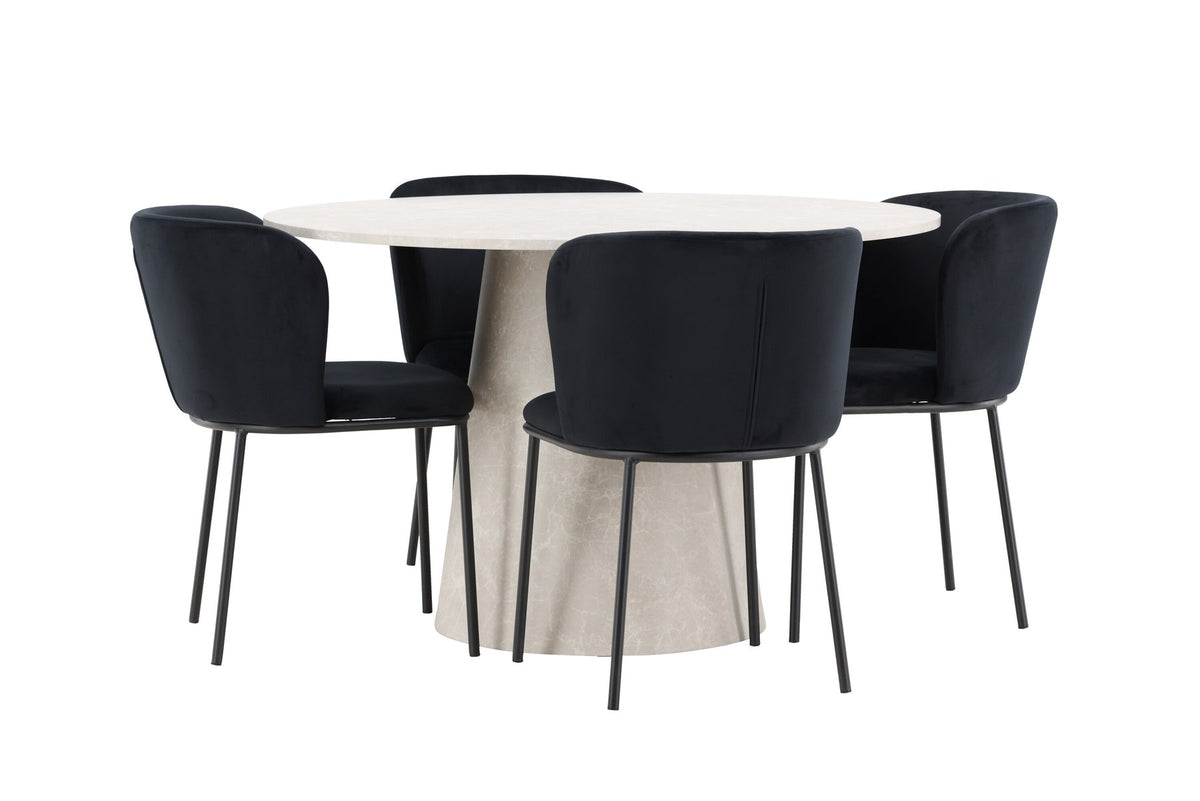 Esszimmerset Lanzo mit Edina Stuhl von Venture Home: runder Esstisch aus MDF in Beige mit vier passenden Stühlen im Essbereich
