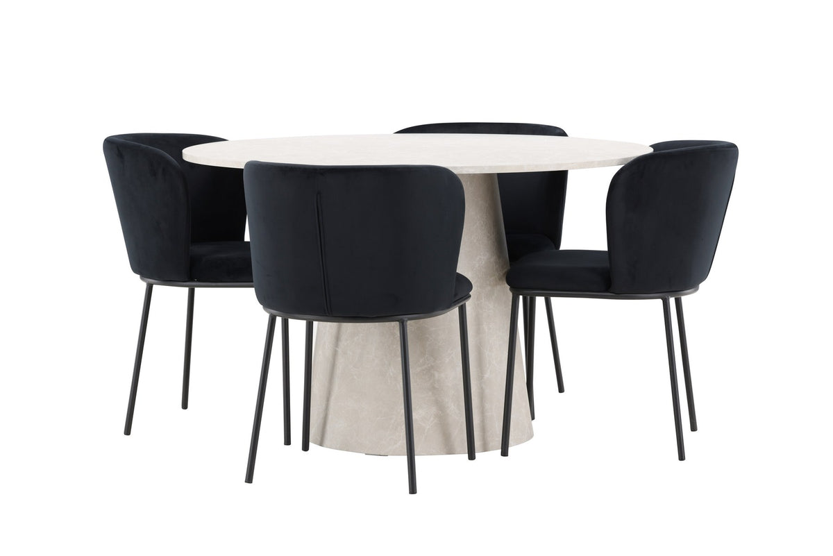 Esszimmerset Lanzo mit Edina Stuhl von Venture Home: runder Esstisch aus MDF in Beige mit vier passenden Stühlen im Essbereich