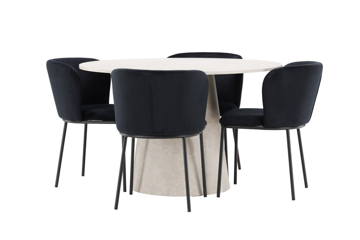Esszimmerset Lanzo mit Edina Stuhl von Venture Home: runder Esstisch aus MDF in Beige mit vier passenden Stühlen im Essbereich