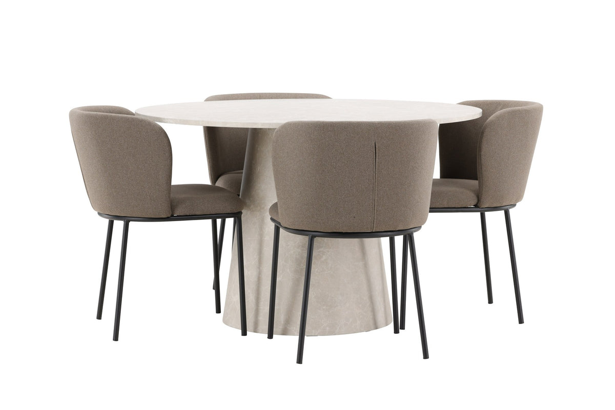Esszimmerset Lanzo mit Edina Stuhl von Venture Home: runder Esstisch aus MDF in Beige mit vier passenden Stühlen im Essbereich