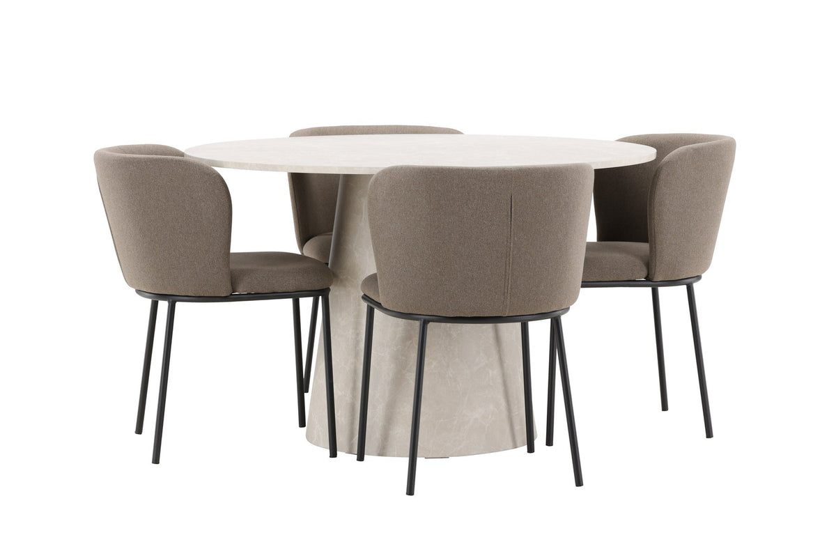 Esszimmerset Lanzo mit Edina Stuhl von Venture Home: runder Esstisch aus MDF in Beige mit vier passenden Stühlen im Essbereich