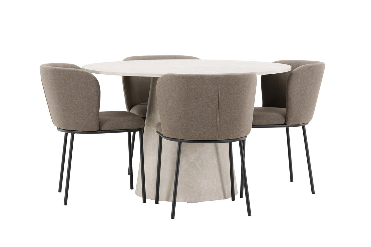 Esszimmerset Lanzo mit Edina Stuhl von Venture Home: runder Esstisch aus MDF in Beige mit vier passenden Stühlen im Essbereich