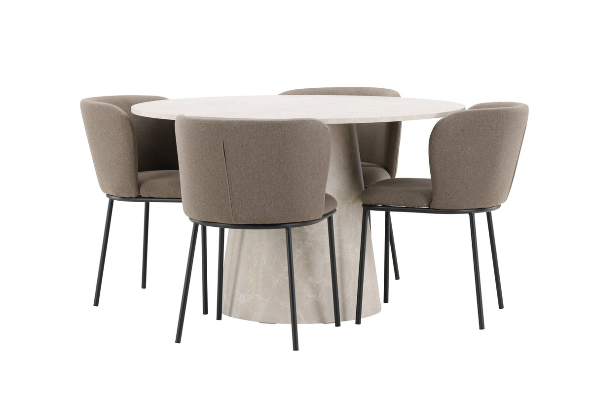Esszimmerset Lanzo mit Edina Stuhl von Venture Home: runder Esstisch aus MDF in Beige mit vier passenden Stühlen im Essbereich