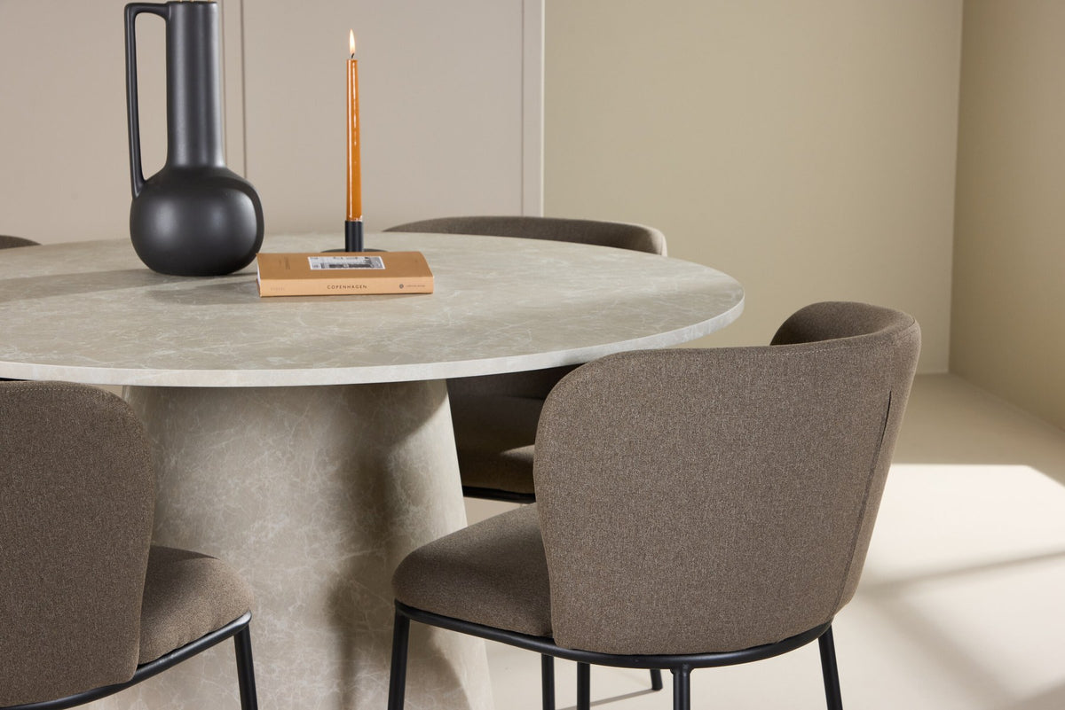 Esszimmerset Lanzo mit Edina Stuhl von Venture Home: runder Esstisch aus MDF in Beige mit vier passenden Stühlen im Essbereich