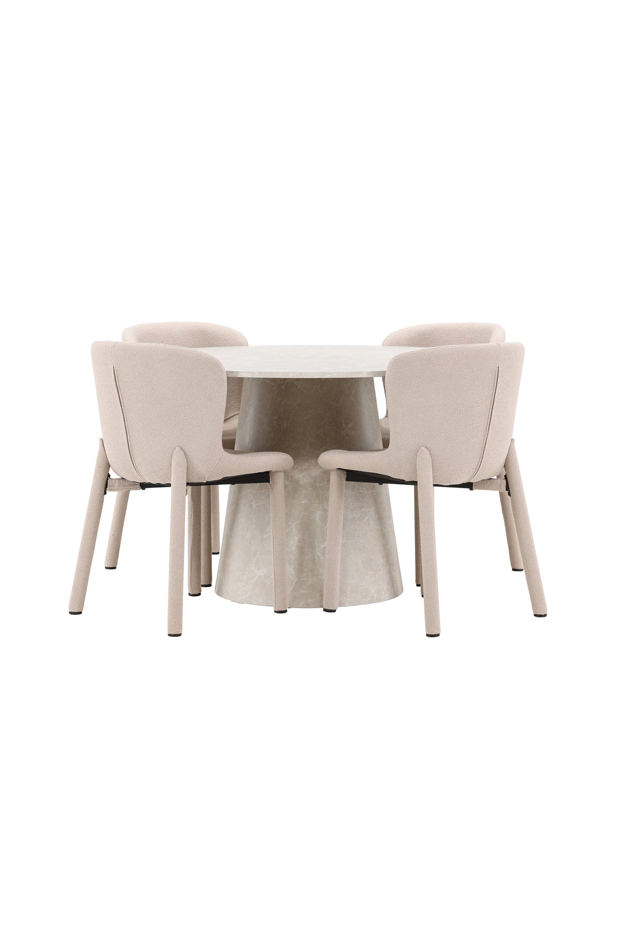 Beiger Esstisch Lanzo aus MDF mit vier gepolsterten Astoria-Stühlen mit Bouclé-Bezug, rechteckige Tischform, skandinavisches Design