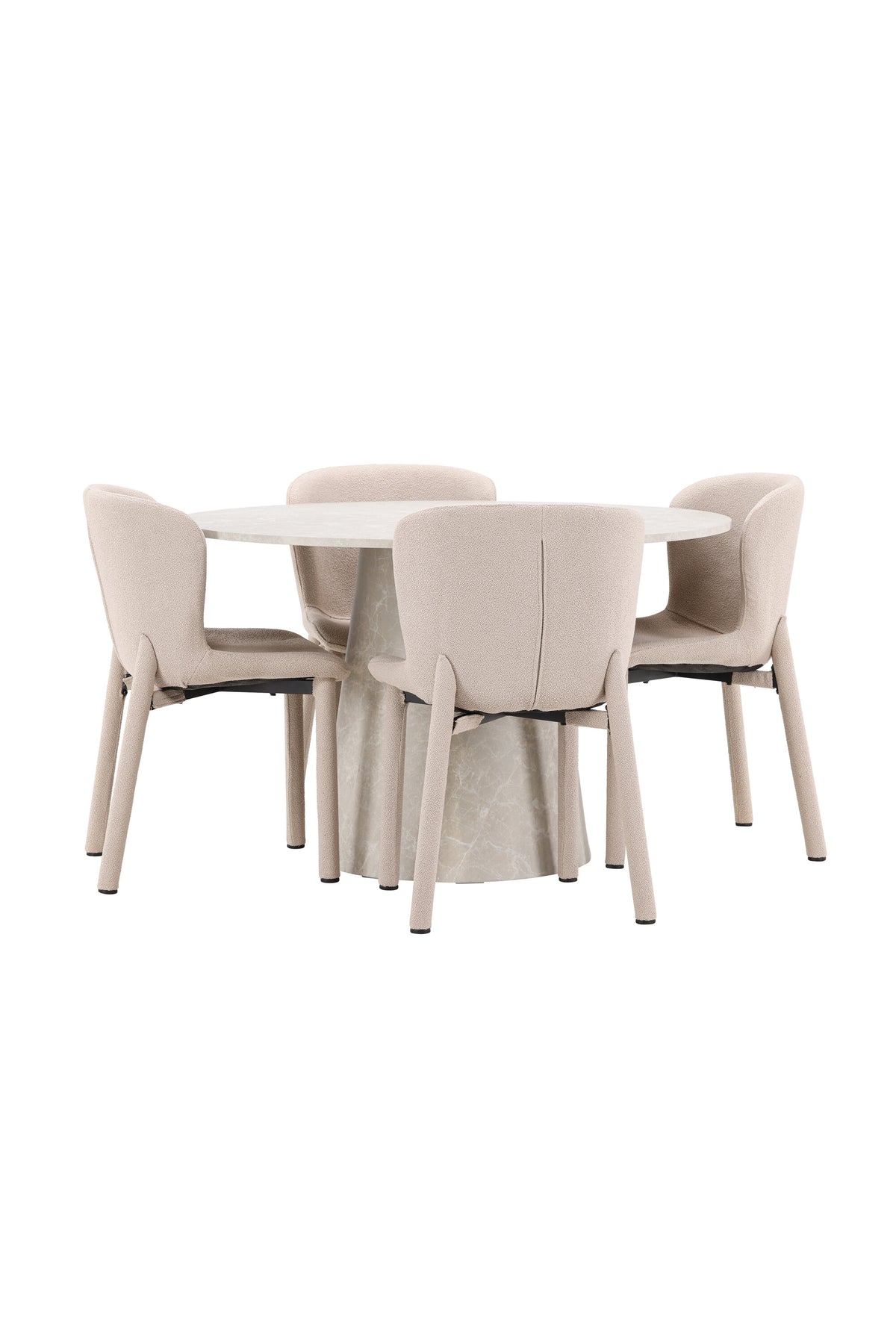 Beiger Esstisch Lanzo aus MDF mit vier gepolsterten Astoria-Stühlen mit Bouclé-Bezug, rechteckige Tischform, skandinavisches Design