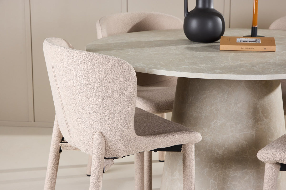 Beiger Esstisch Lanzo aus MDF mit vier gepolsterten Astoria-Stühlen mit Bouclé-Bezug, rechteckige Tischform, skandinavisches Design