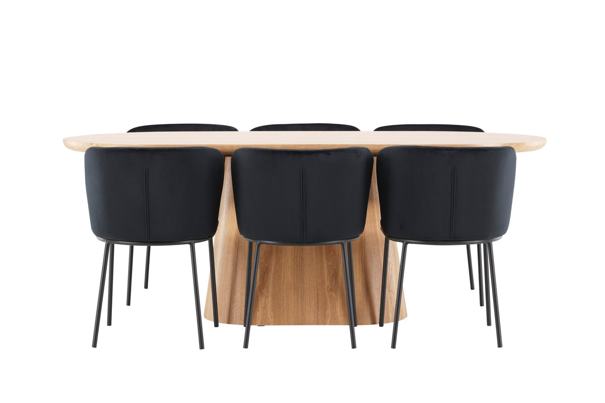 Esszimmerset Stjärnö mit Edina Stuhl: Esstisch mit MDF-Platte in Nature und sechs Stühlen mit Leinenbezug in Braun, skandinavisches Design.