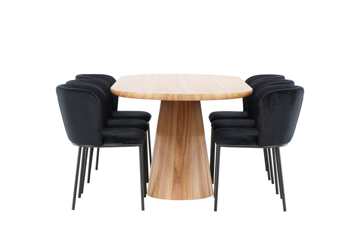 Esszimmerset Stjärnö mit Edina Stuhl: Esstisch mit MDF-Platte in Nature und sechs Stühlen mit Leinenbezug in Braun, skandinavisches Design.