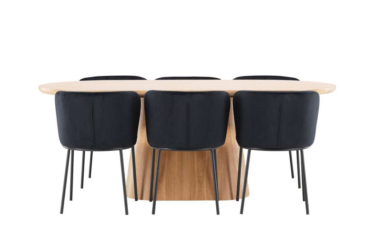 Esszimmerset Stjärnö mit Edina Stuhl: Esstisch mit MDF-Platte in Nature und sechs Stühlen mit Leinenbezug in Braun, skandinavisches Design.