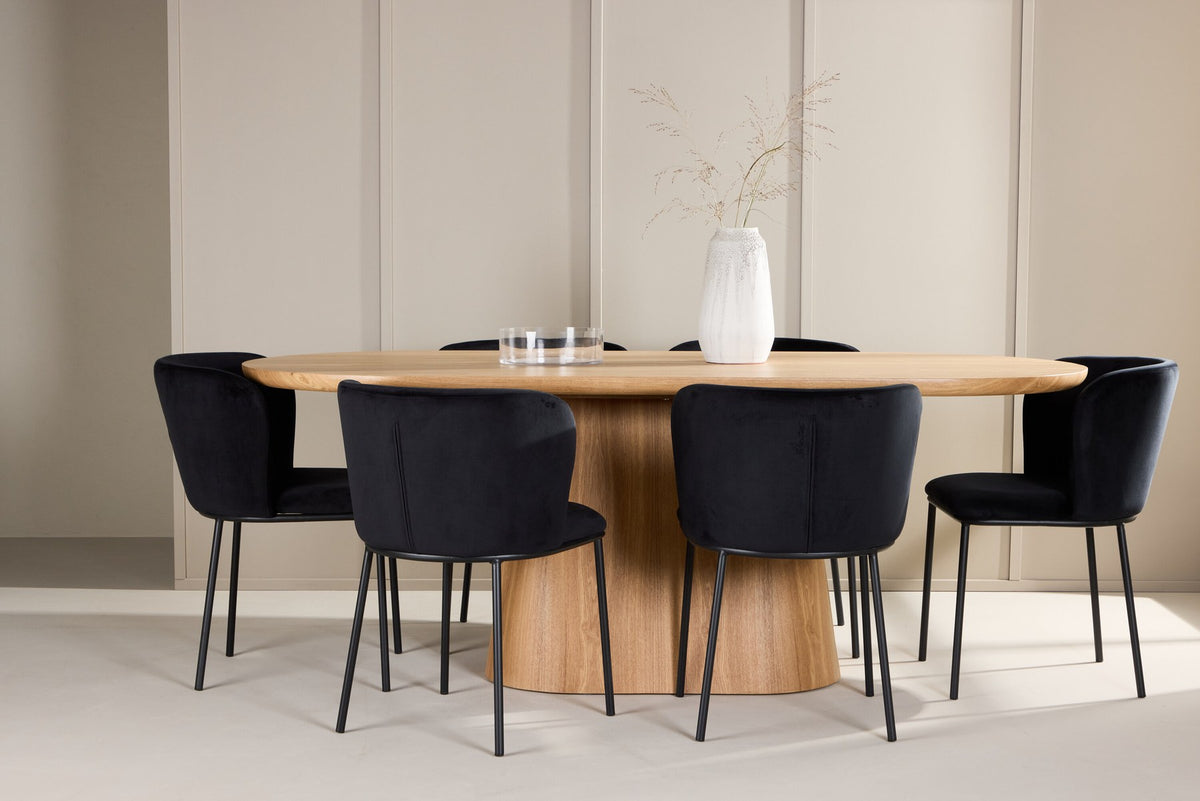 Esszimmerset Stjärnö mit Edina Stuhl: Esstisch mit MDF-Platte in Nature und sechs Stühlen mit Leinenbezug in Braun, skandinavisches Design.