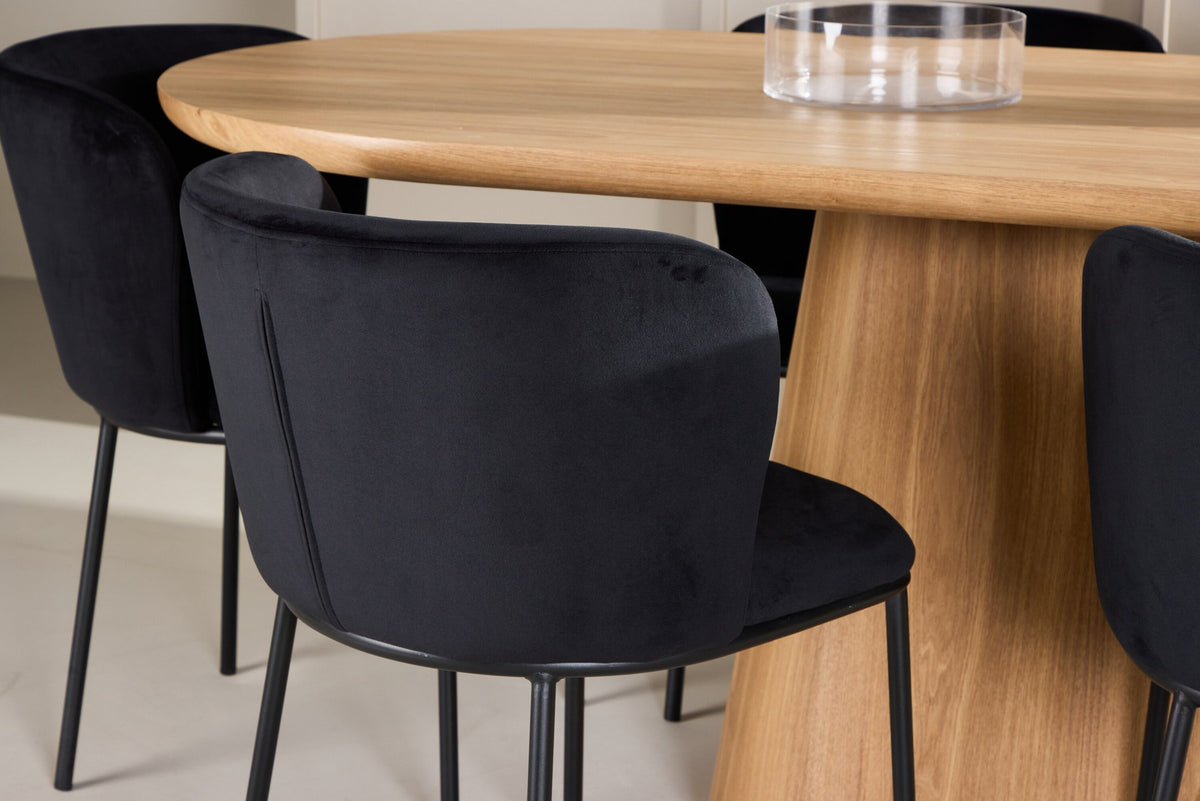Esszimmerset Stjärnö mit Edina Stuhl: Esstisch mit MDF-Platte in Nature und sechs Stühlen mit Leinenbezug in Braun, skandinavisches Design.