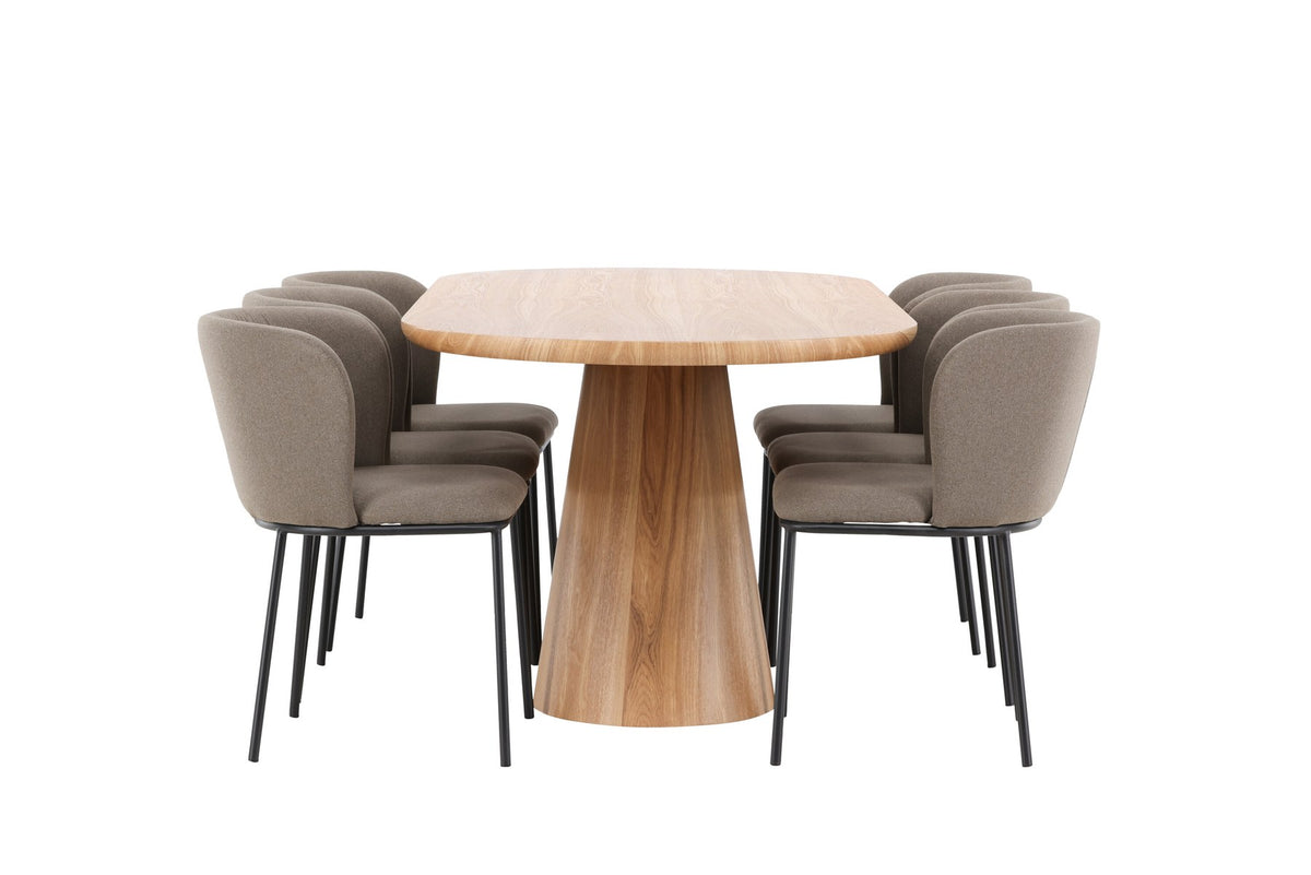 Esszimmerset Stjärnö mit Edina Stuhl: Esstisch mit MDF-Platte in Nature und sechs Stühlen mit Leinenbezug in Braun, skandinavisches Design.
