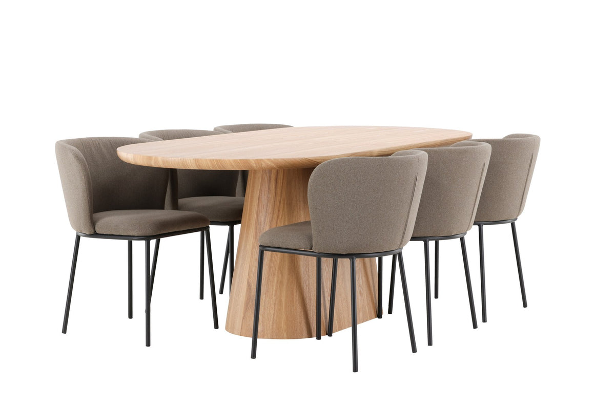 Esszimmerset Stjärnö mit Edina Stuhl: Esstisch mit MDF-Platte in Nature und sechs Stühlen mit Leinenbezug in Braun, skandinavisches Design.