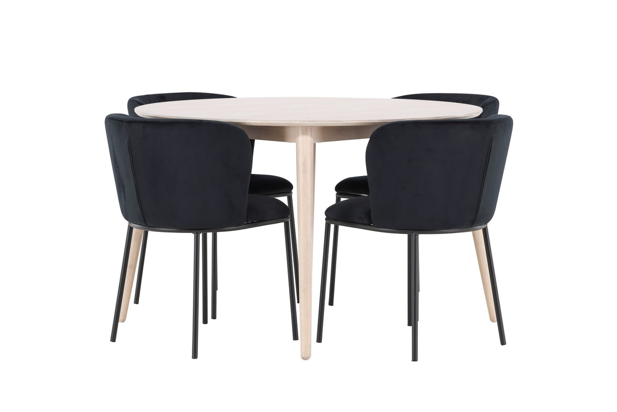Rundes Esszimmerset Flora mit Edina Stuhl, Tisch aus MDF in White Wash, vier Stühle aus Gummiholz mit braunem Leinenstoffbezug