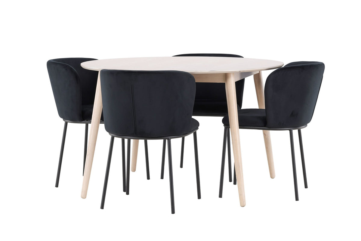 Rundes Esszimmerset Flora mit Edina Stuhl, Tisch aus MDF in White Wash, vier Stühle aus Gummiholz mit braunem Leinenstoffbezug