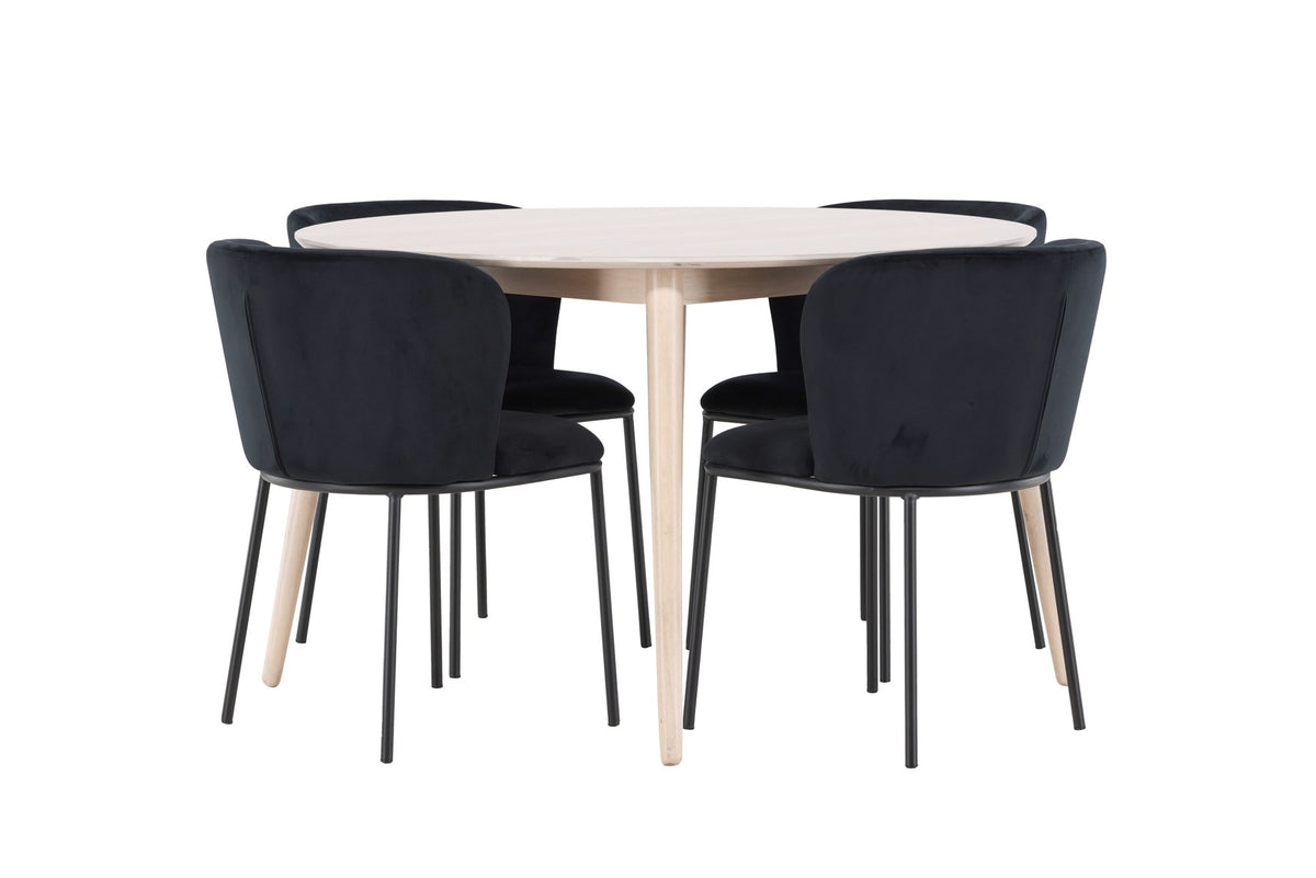 Rundes Esszimmerset Flora mit Edina Stuhl, Tisch aus MDF in White Wash, vier Stühle aus Gummiholz mit braunem Leinenstoffbezug