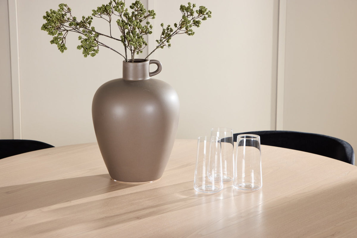 Rundes Esszimmerset Flora mit Edina Stuhl, Tisch aus MDF in White Wash, vier Stühle aus Gummiholz mit braunem Leinenstoffbezug