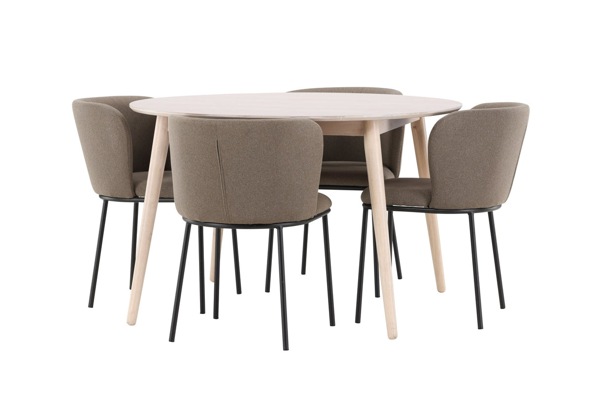 Rundes Esszimmerset Flora mit Edina Stuhl, Tisch aus MDF in White Wash, vier Stühle aus Gummiholz mit braunem Leinenstoffbezug