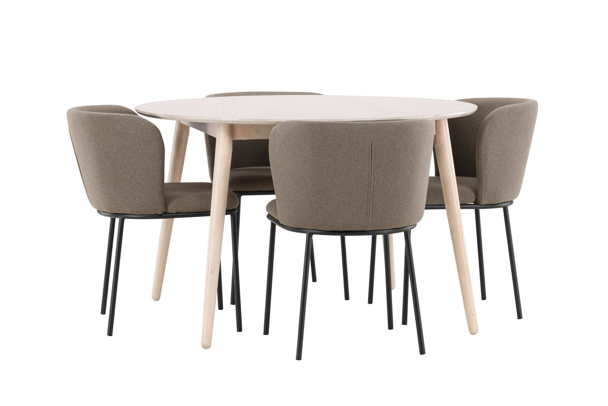 Rundes Esszimmerset Flora mit Edina Stuhl, Tisch aus MDF in White Wash, vier Stühle aus Gummiholz mit braunem Leinenstoffbezug