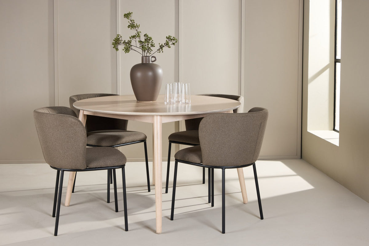 Rundes Esszimmerset Flora mit Edina Stuhl, Tisch aus MDF in White Wash, vier Stühle aus Gummiholz mit braunem Leinenstoffbezug