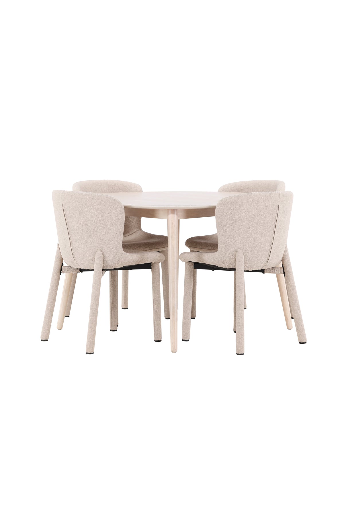 Esstisch Flora mit vier Astoria-Stühlen, Farbe White Wash, Tisch aus MDF, Stühle aus Gummiholz, skandinavisches Esszimmerset