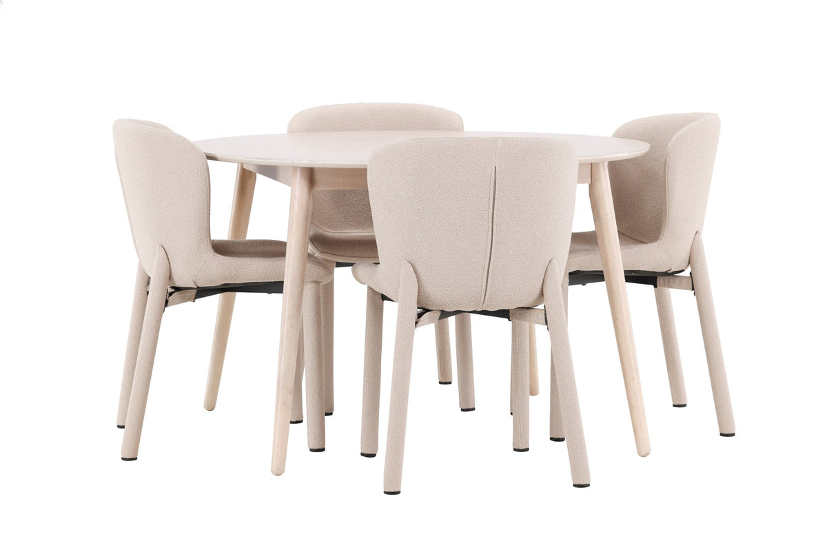 Esstisch Flora mit vier Astoria-Stühlen, Farbe White Wash, Tisch aus MDF, Stühle aus Gummiholz, skandinavisches Esszimmerset