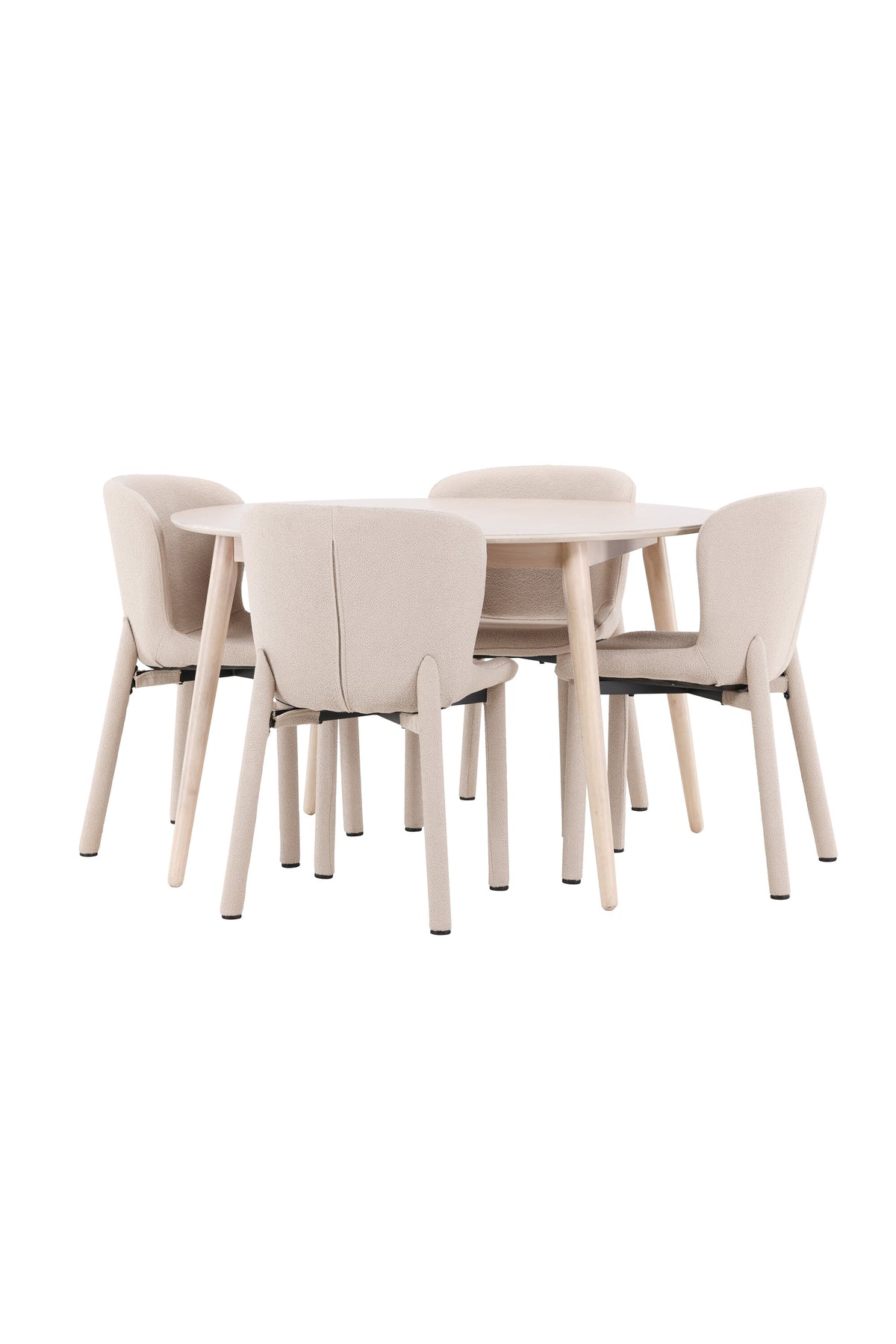 Esstisch Flora mit vier Astoria-Stühlen, Farbe White Wash, Tisch aus MDF, Stühle aus Gummiholz, skandinavisches Esszimmerset