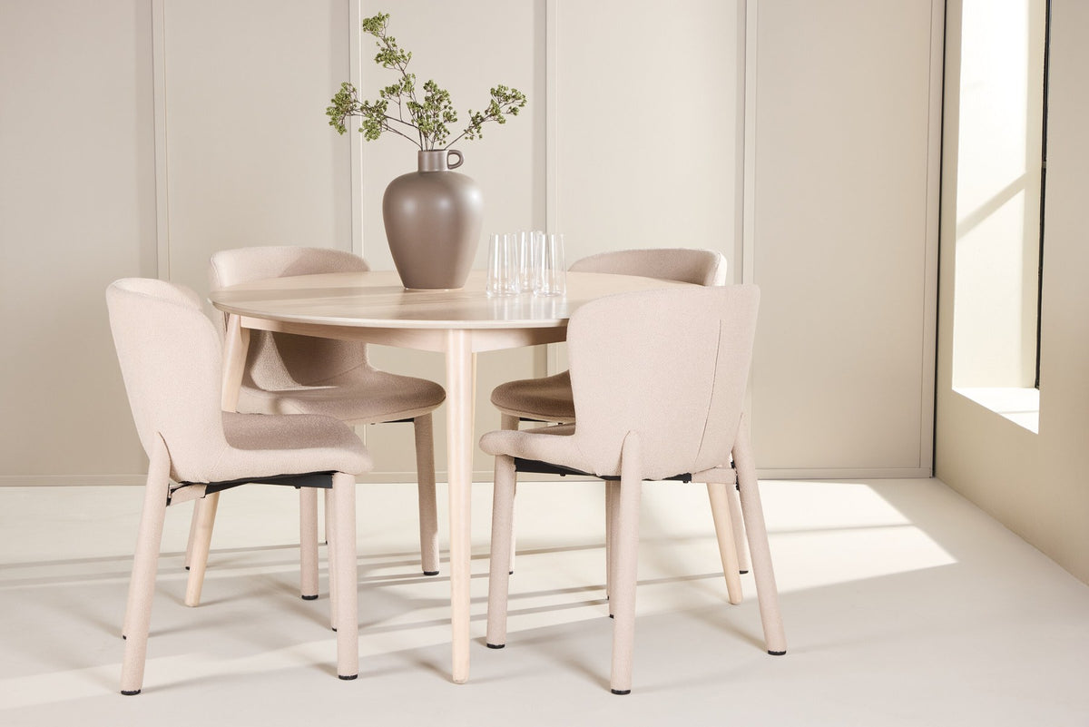 Esstisch Flora mit vier Astoria-Stühlen, Farbe White Wash, Tisch aus MDF, Stühle aus Gummiholz, skandinavisches Esszimmerset