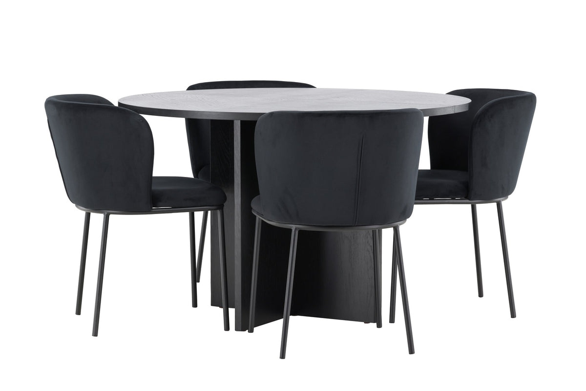 Schwarzer Esstisch Strada aus MDF mit sechs Edina Stühlen mit Samtbezug, ausziehbare Tischplatte, skandinavisches Design von Venture Home.