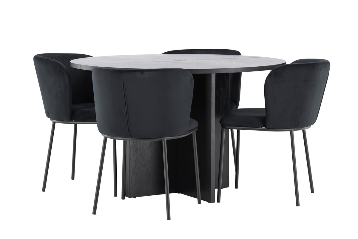 Schwarzer Esstisch Strada aus MDF mit sechs Edina Stühlen mit Samtbezug, ausziehbare Tischplatte, skandinavisches Design von Venture Home.